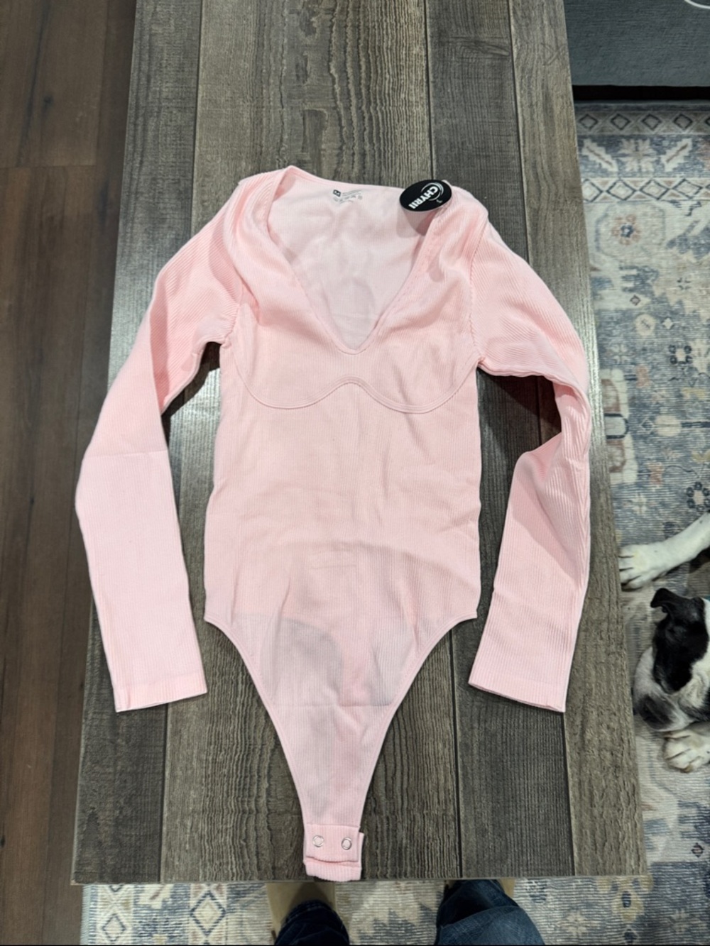 Women’s Long Sleeve Pink Ribbed V-Neck Bodysuit
